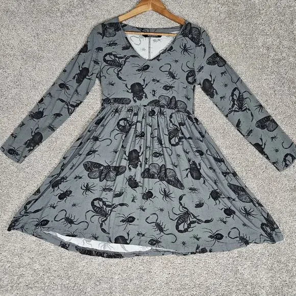 Disturbia Dress Womens 2 Gray Parasite Smock Mini Insects AOP Goth Feminine - Picture 1 of 16